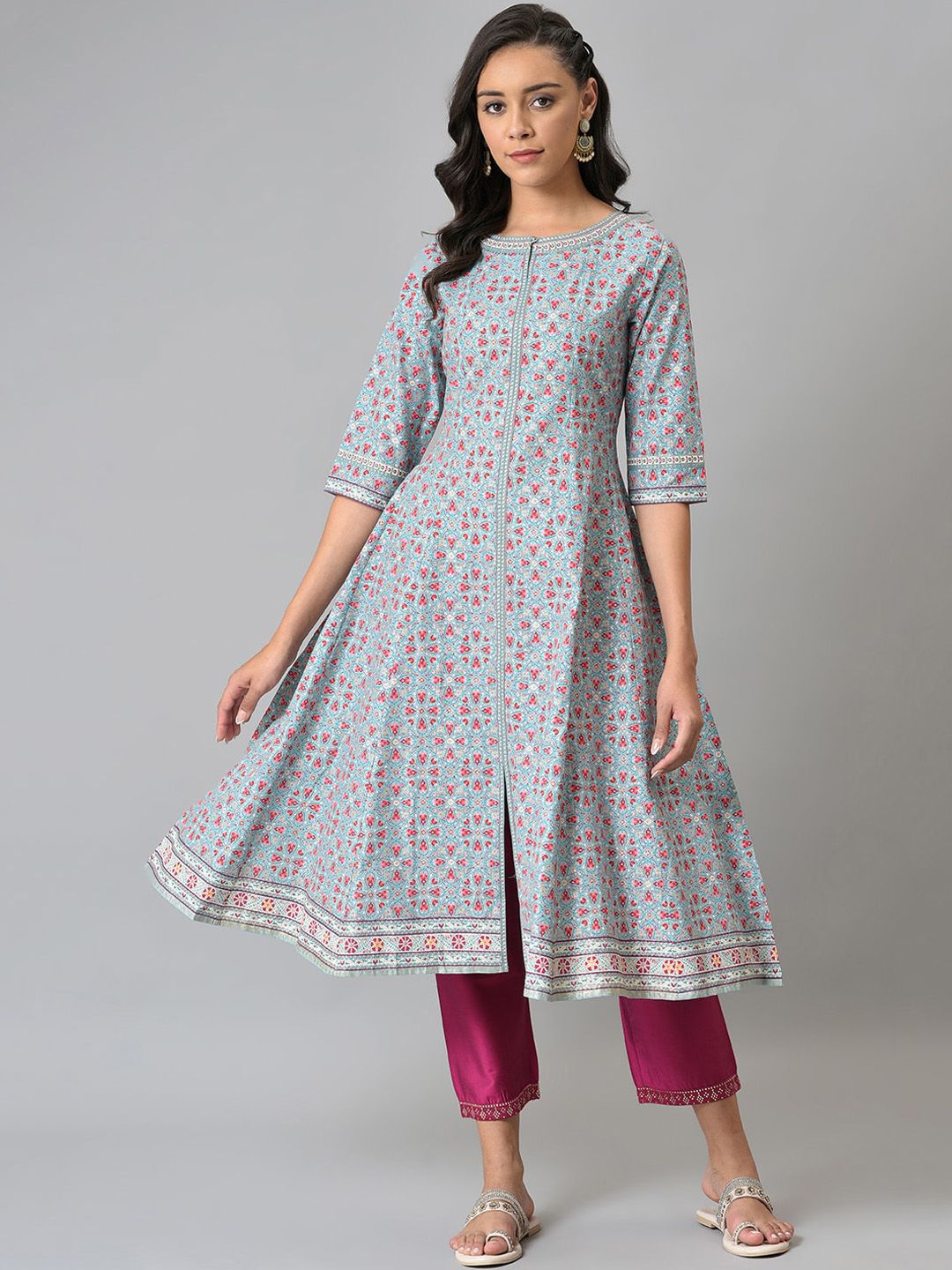 W Women Blue & Pink Ethnic Motifs Printed Anarkali Kurta