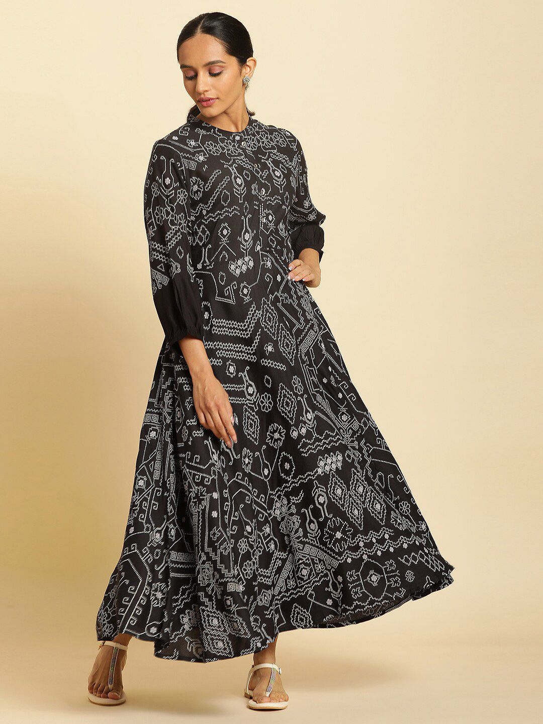 W Ethnic Motifs Printed Mandarin Collar Puff Sleeves Maxi Dress