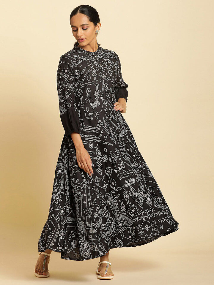 W Ethnic Motifs Printed Mandarin Collar Puff Sleeves Maxi Dress