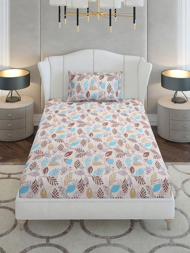 Monte Carlo Beige & Blue Floral Cotton 104 TC Single Bedsheet Set-2.24 m x 1.52 m