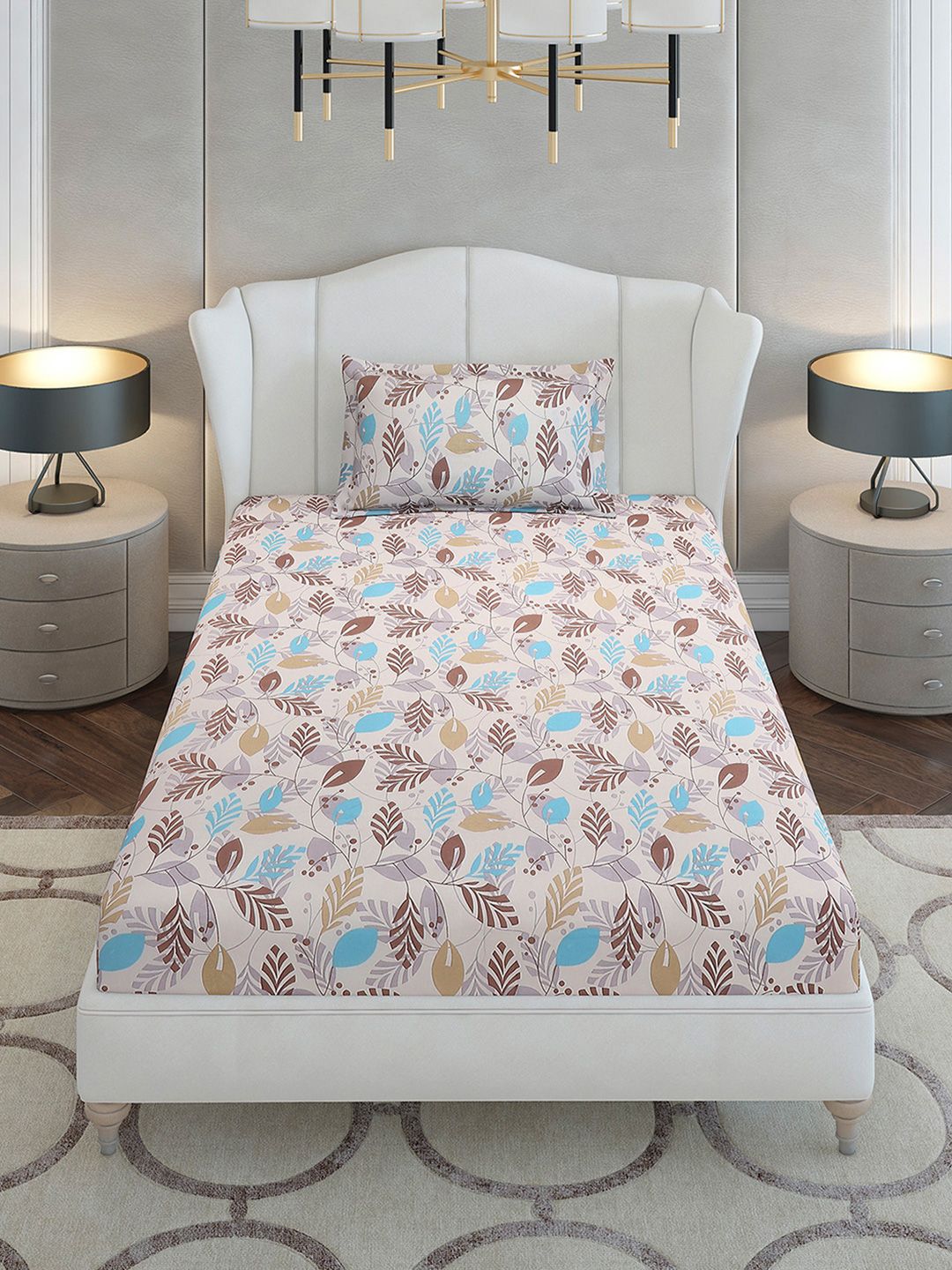 Monte Carlo Beige & Blue Floral Cotton 104 TC Single Bedsheet Set-2.24 m x 1.52 m