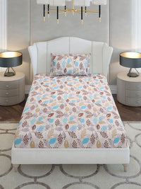 Monte Carlo Beige & Blue Floral Cotton 104 TC Single Bedsheet Set-2.24 m x 1.52 m