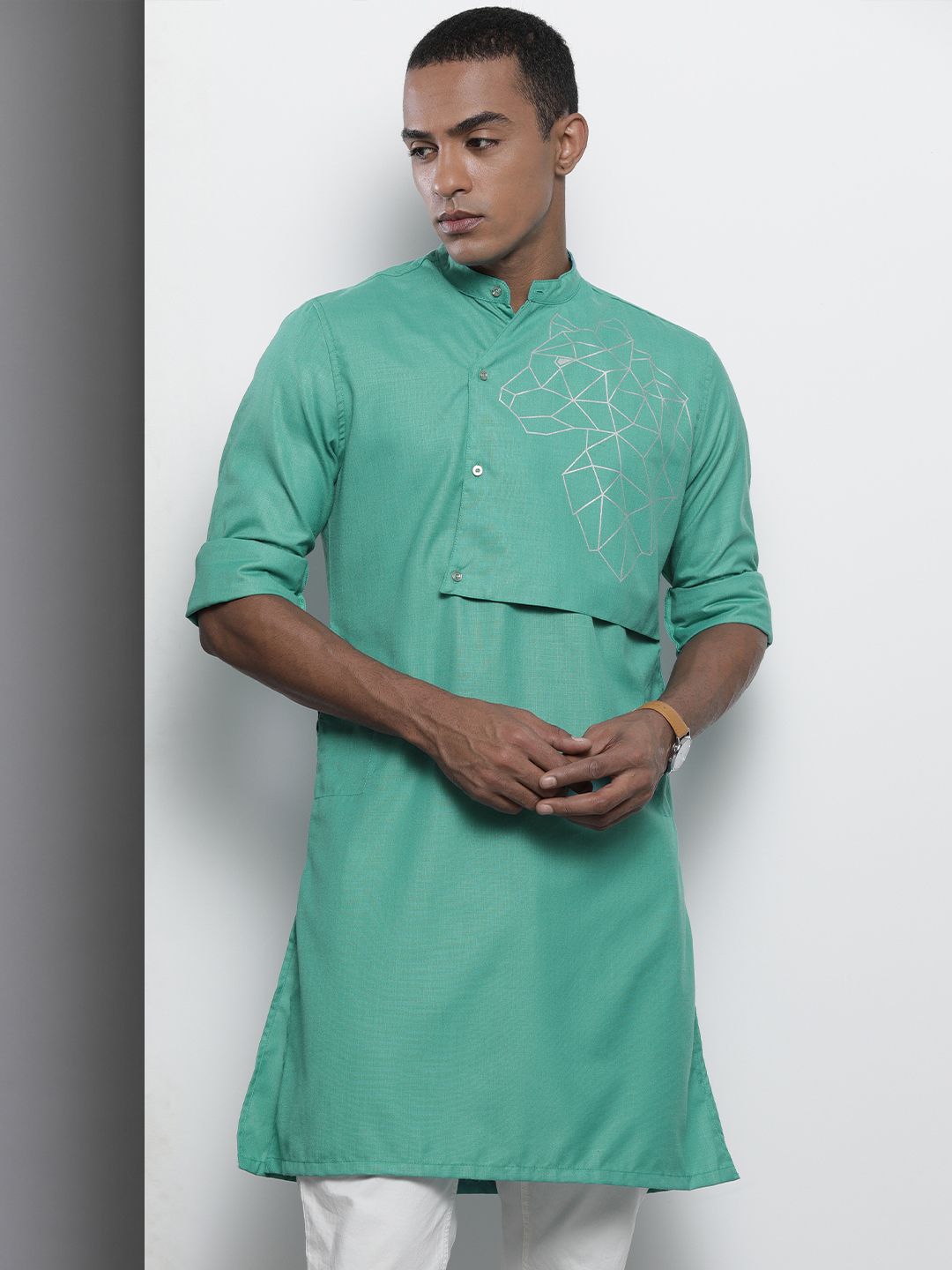 The Indian Garage Co Men Turquoise Blue Solid Angrakha Kurta with Printed Detailing