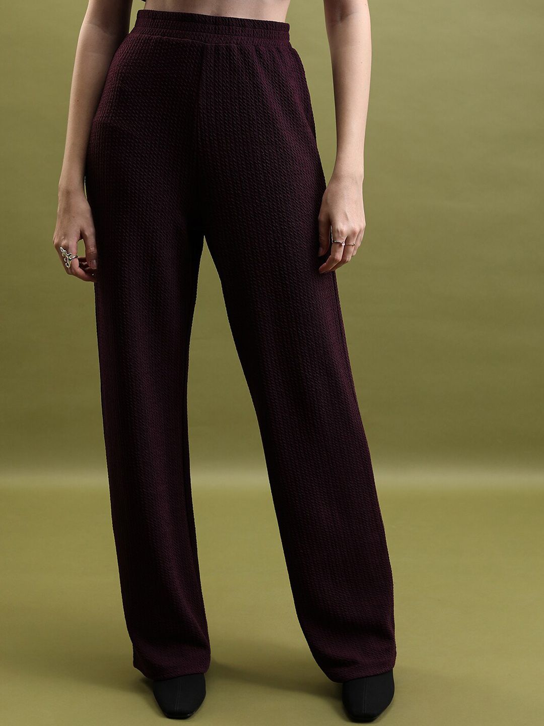 Tokyo Talkies Burgundy Self-Design Round Neck Tunic & Trousers