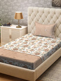 KLOTTHE Brown & White Floral Printed 300TC Single Bedsheet & Pillow Cover