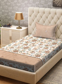 KLOTTHE Brown & White Floral Printed 300TC Single Bedsheet & Pillow Cover