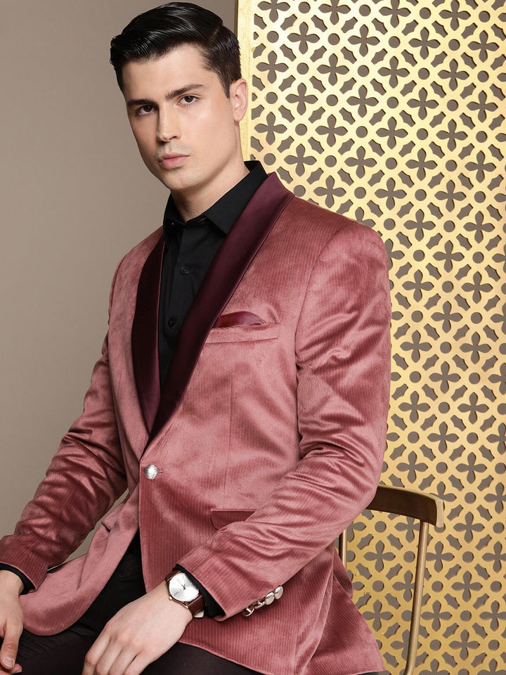 House of Pataudi Tailored Fit Striped Velvet Finish Single-Breasted Party Blazer