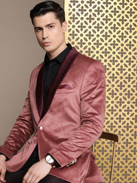 House of Pataudi Tailored Fit Striped Velvet Finish Single-Breasted Party Blazer