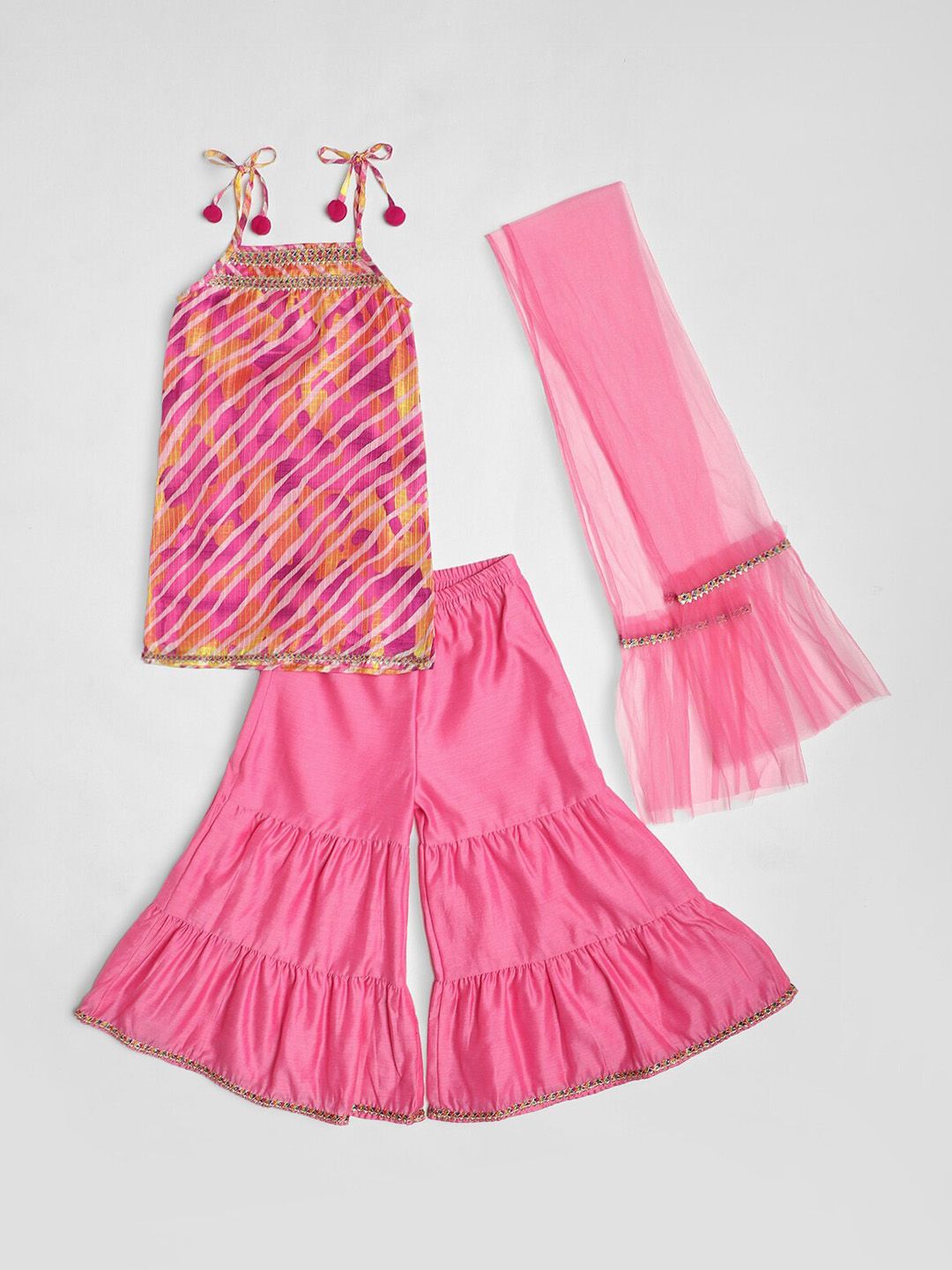 Nauti Nati Girls Leheriya Printed Shoulder Straps Gotta Patti Kurti with Sharara & Dupatta