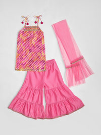 Nauti Nati Girls Leheriya Printed Shoulder Straps Gotta Patti Kurti with Sharara & Dupatta