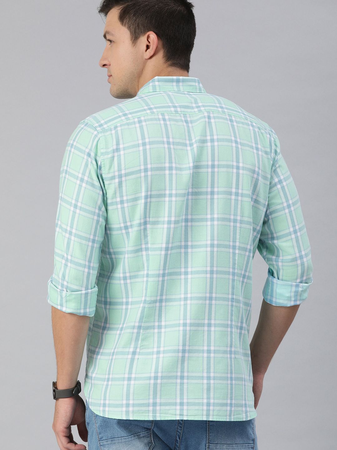 THE BEAR HOUSE Men Sea Green & Blue Slim Fit Checked Casual Shirt
