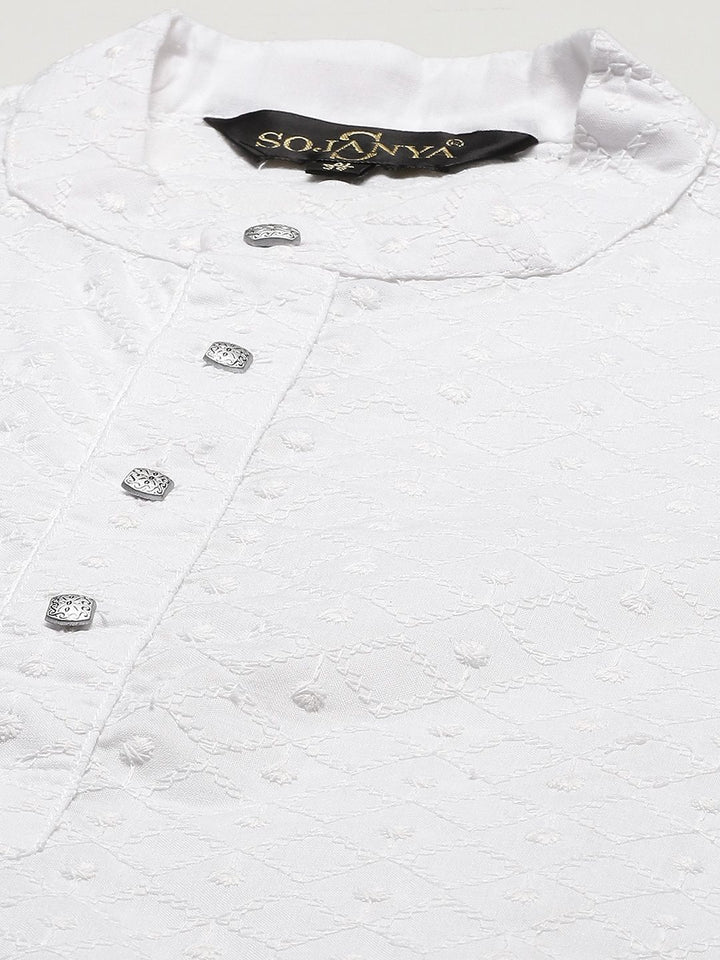 SOJANYA Men White Chikankari Pure Cotton Kurta with Churidar & Nehru Jacket