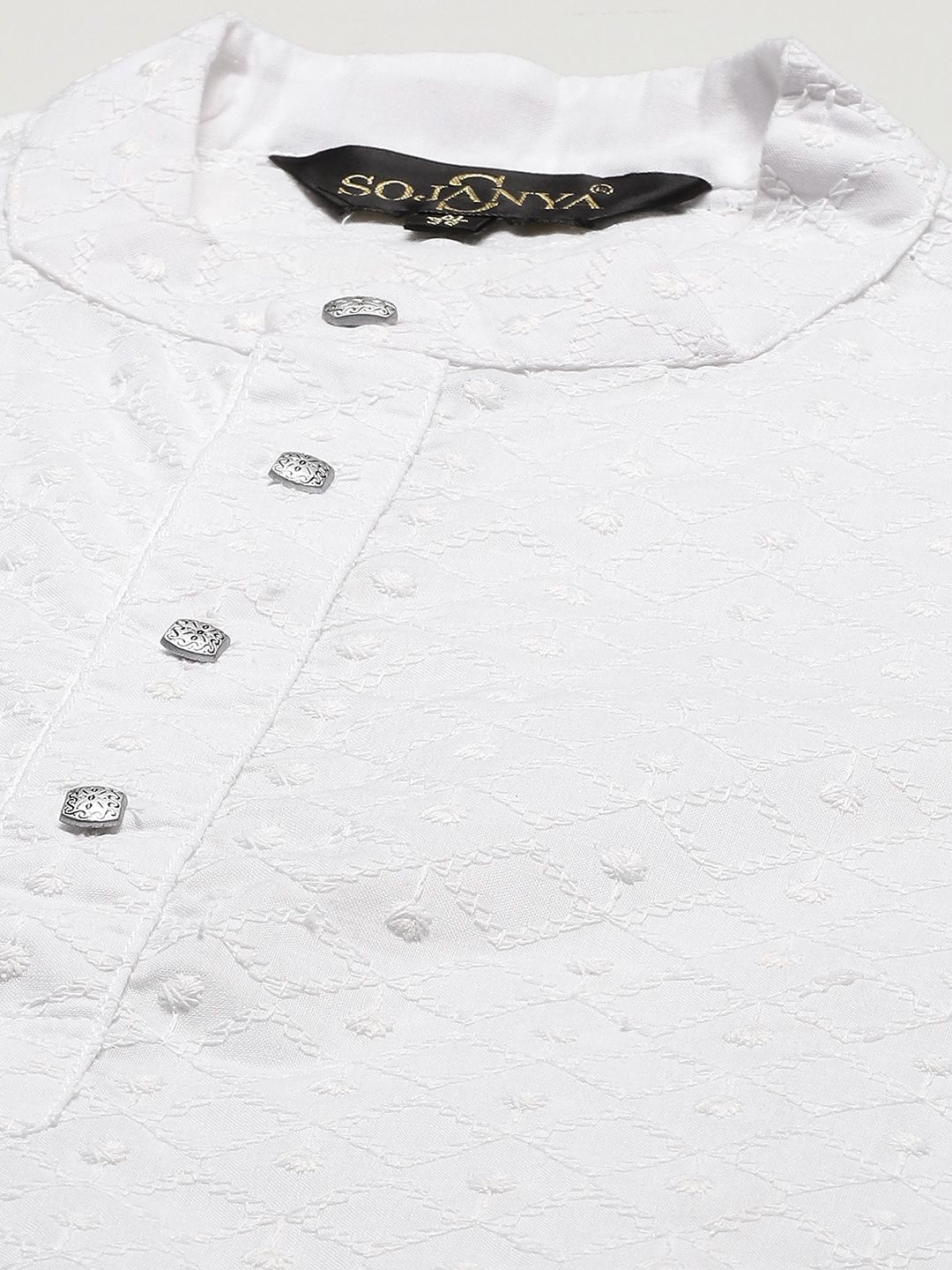 SOJANYA Men White Chikankari Pure Cotton Kurta with Churidar & Nehru Jacket