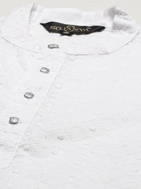 SOJANYA Men White Chikankari Pure Cotton Kurta with Churidar & Nehru Jacket