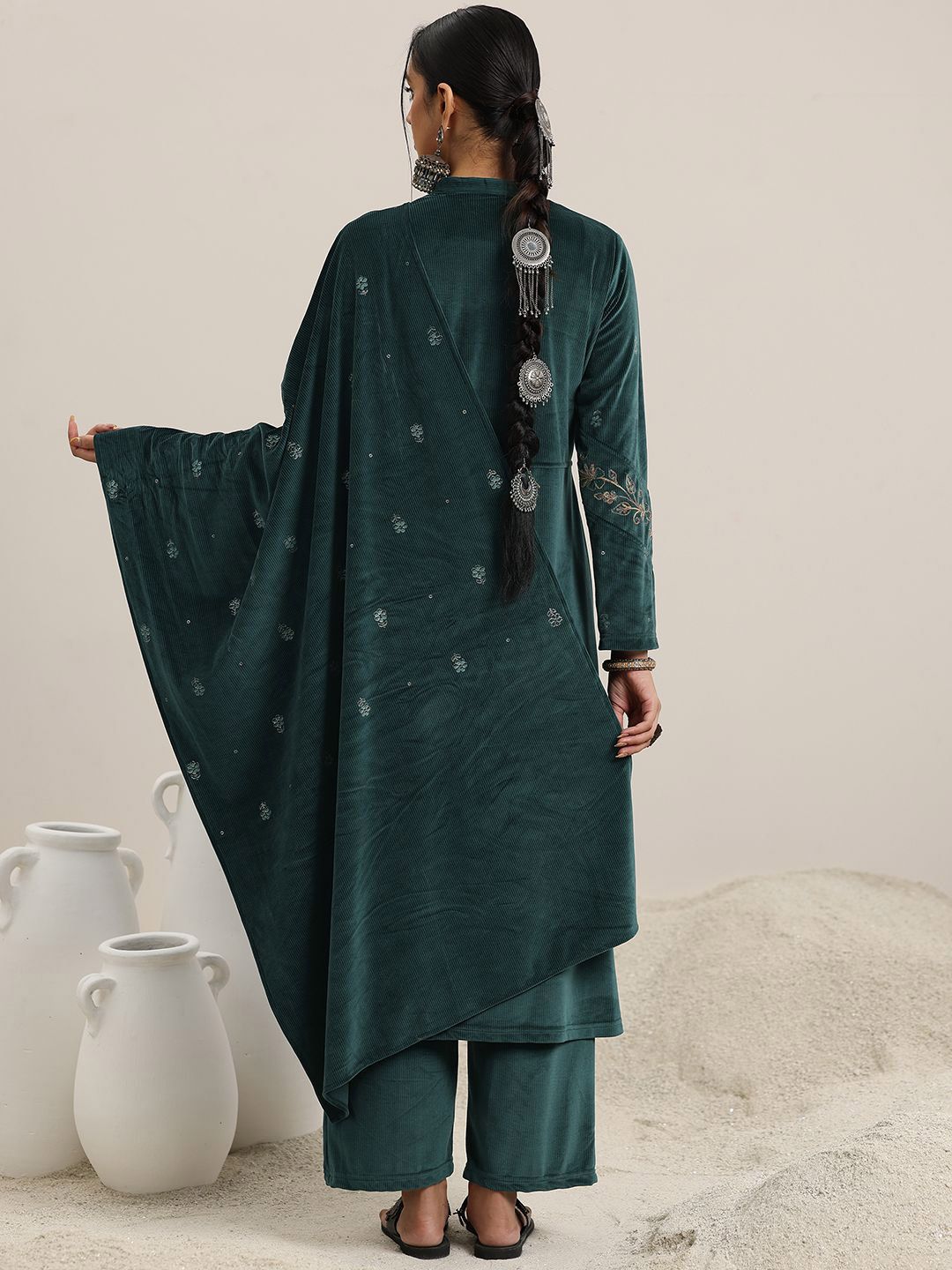 Libas Floral Embroidered Mandarin Collar Velvet Kurta With Trousers & Dupatta