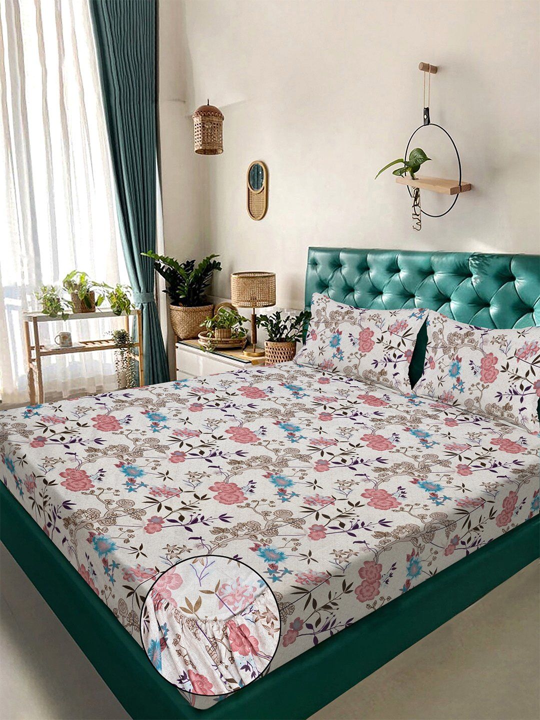 Myntra Elegant Homes White & Pink Floral 300 TC King Bedsheet with 2 Pillow Covers