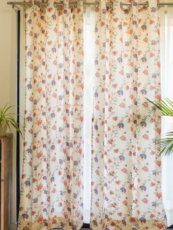 URBAN SPACE Cream-Coloured & Peach 2-Pieces Floral Cotton Door Curtains