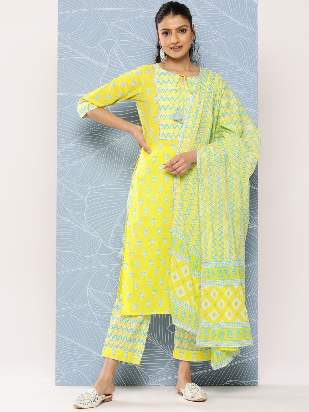 Libas Floral Yoke Design Gotta Patti Pure Cotton Kurta With Trousers & With Dupatta