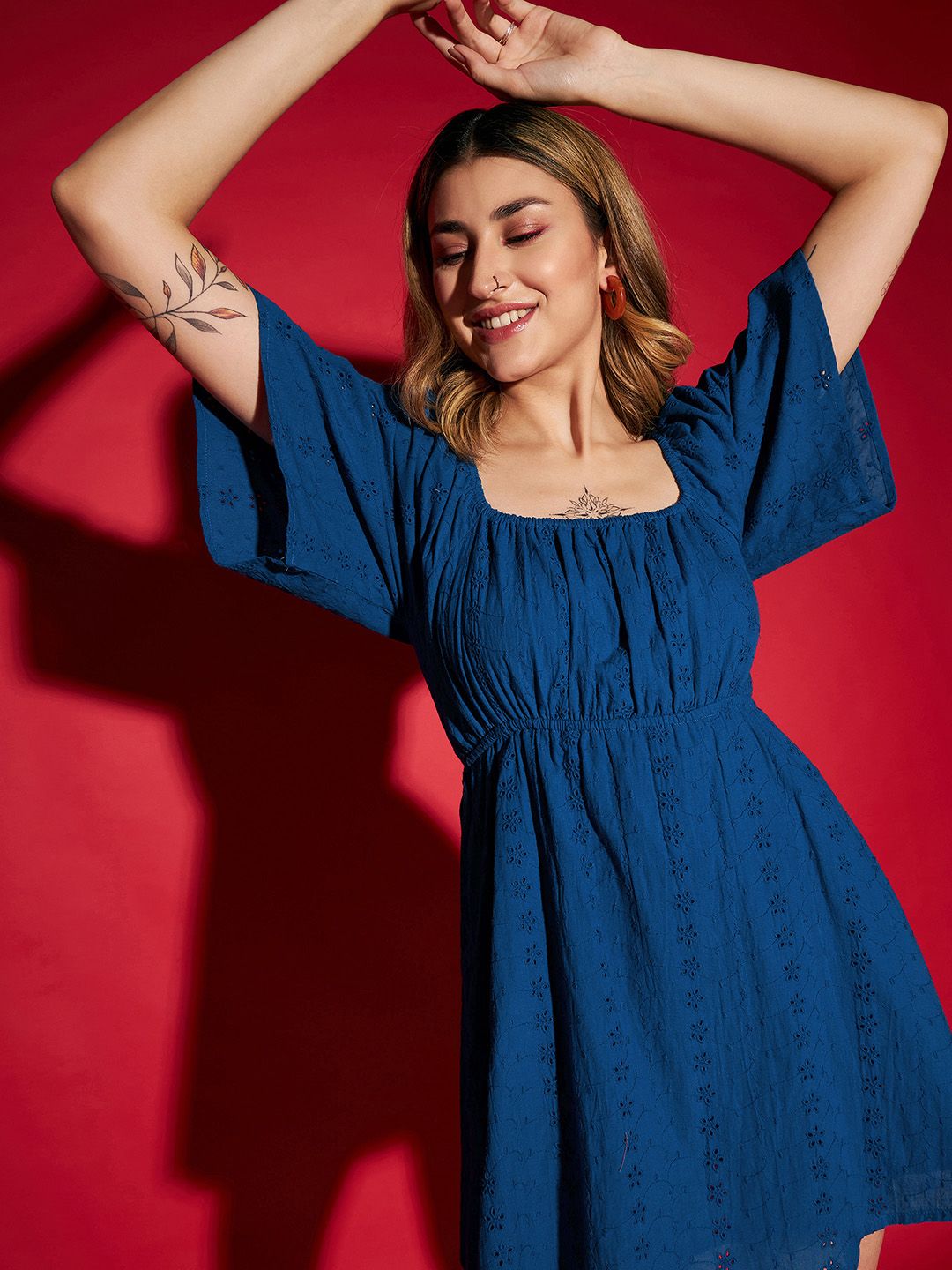 SASSAFRAS Blue Square Neck Fit and Flare Dress