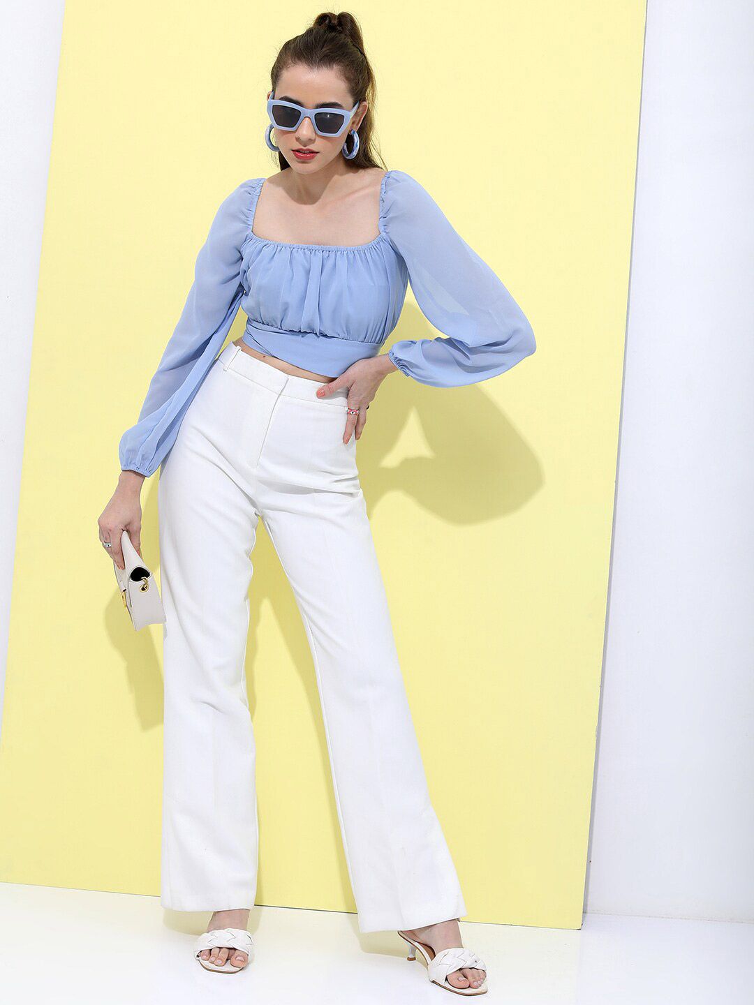 Tokyo Talkies Puff Sleeves Square Neck Gathered Crop Top