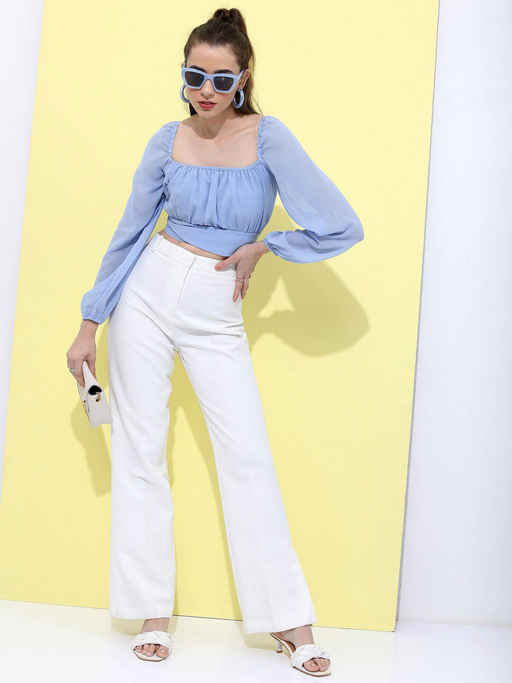 Tokyo Talkies Puff Sleeves Square Neck Gathered Crop Top