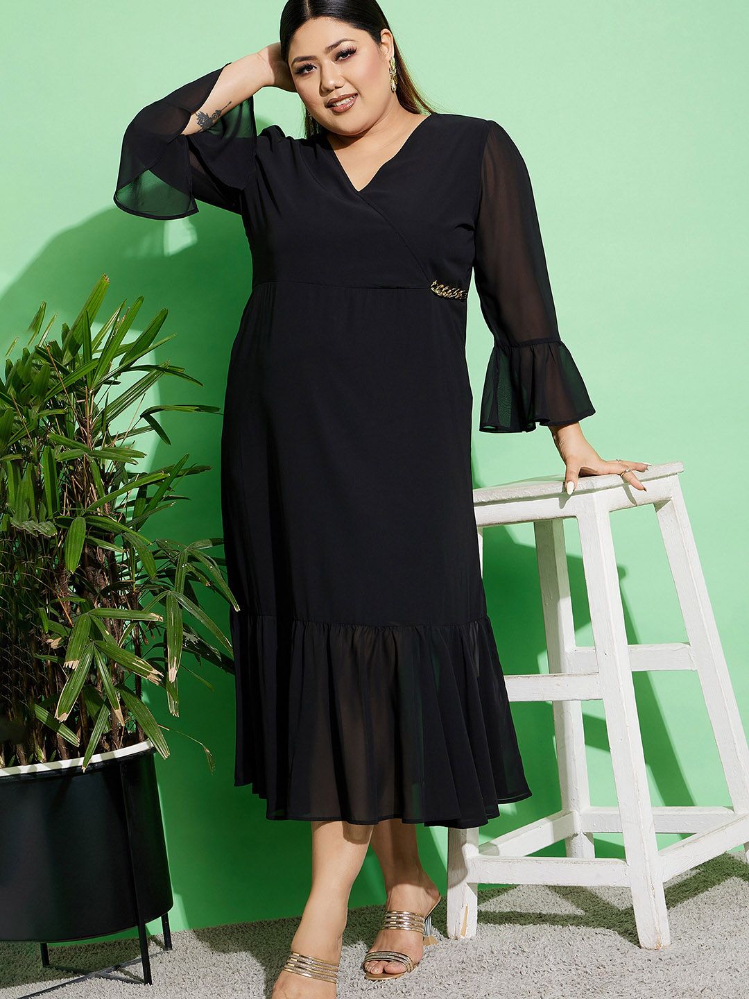 SASSAFRAS Curve Plus Size Bell Sleeves Chain Detail Wrap Dress