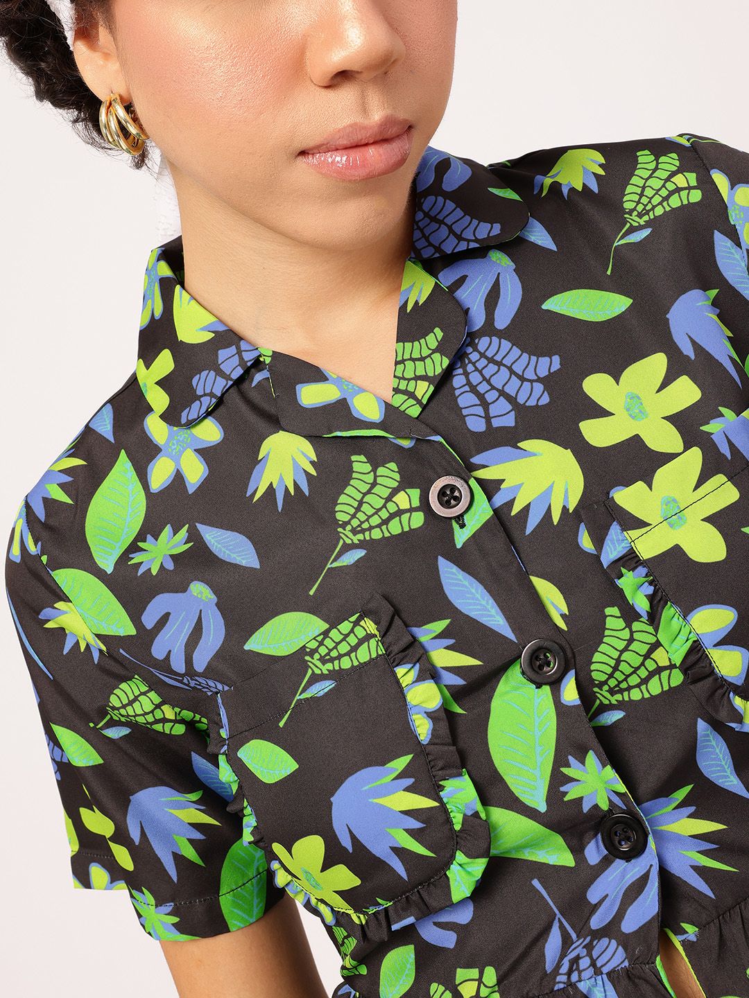 DressBerry Frolic & Fashion Tropical Printed Flounce Hem Shirt-Style Top