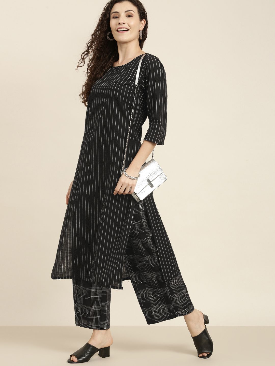 Vishudh Women Black & Off-White Striped Kurta with Palazzos