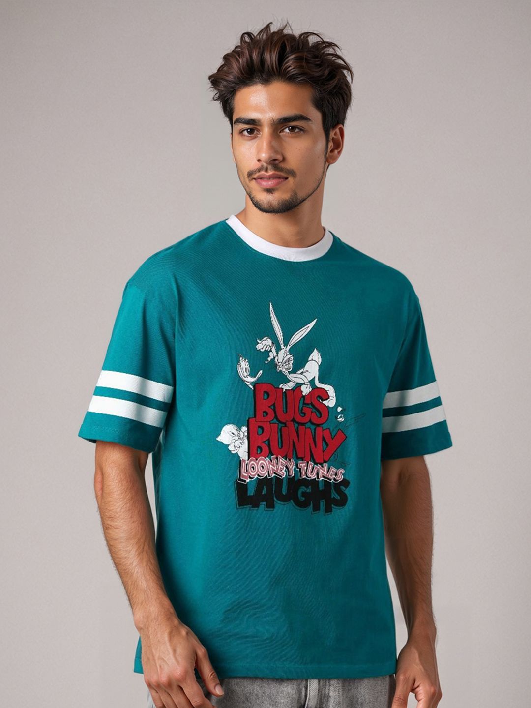 The Indian Garage Co Men Bugs Bunny Graphic Printed Pure Cotton Relaxed Fit T-shirt