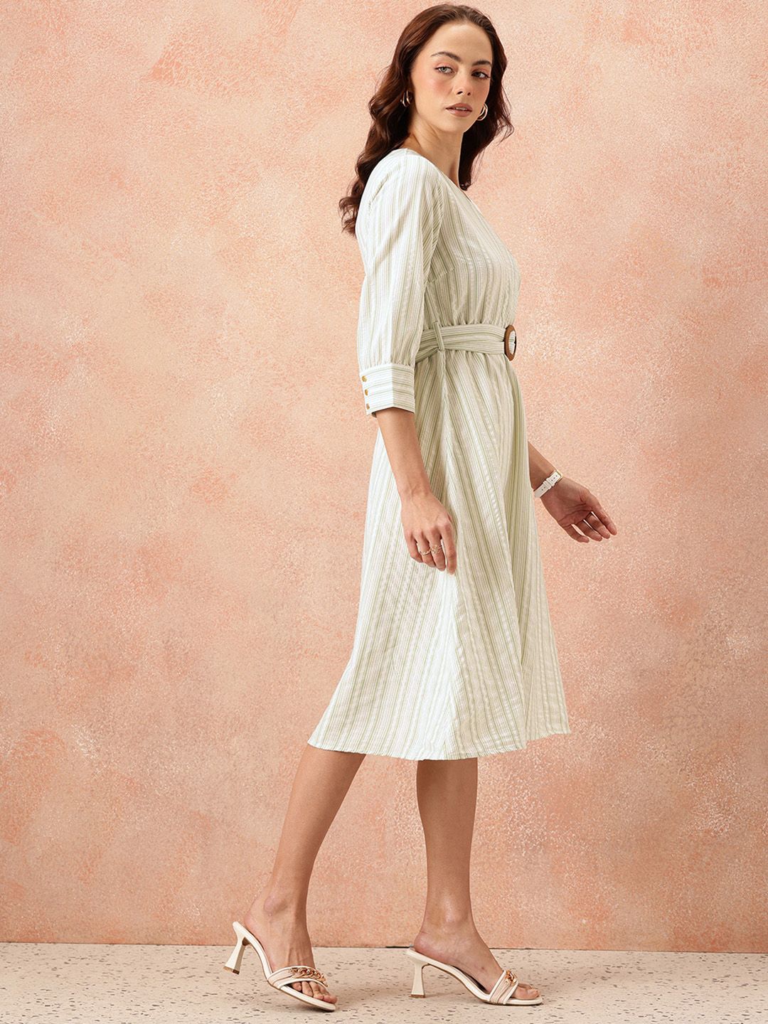 all about you Vertically Striped Seersucker Wrap-Style Midi A-Line Dress with Belt