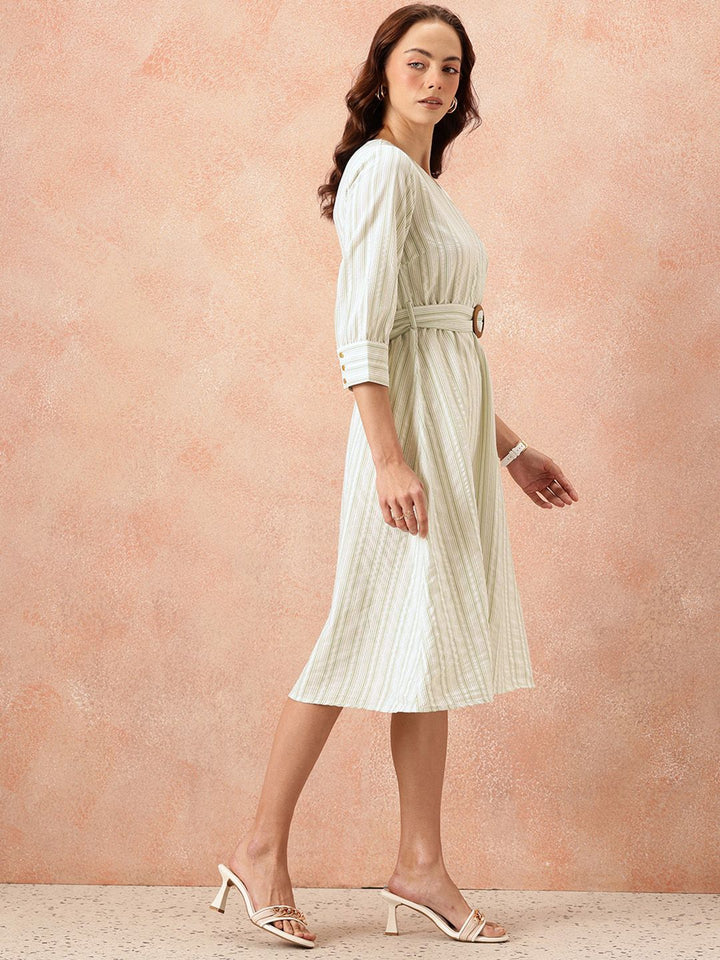 all about you Vertically Striped Seersucker Wrap-Style Midi A-Line Dress with Belt