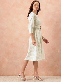 all about you Vertically Striped Seersucker Wrap-Style Midi A-Line Dress with Belt