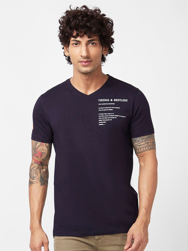 SPYKAR Typography Printed V-Neck Slim Fit Cotton Casual T-Shirt