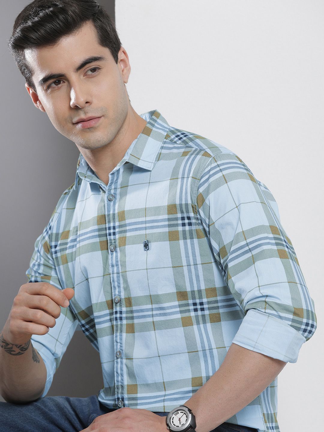 The Indian Garage Co Men Blue & Mustard Brown Checked Pure Cotton Casual Shirt