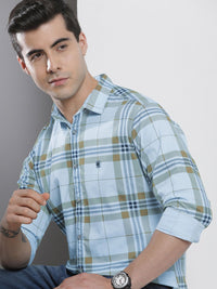 The Indian Garage Co Men Blue & Mustard Brown Checked Pure Cotton Casual Shirt
