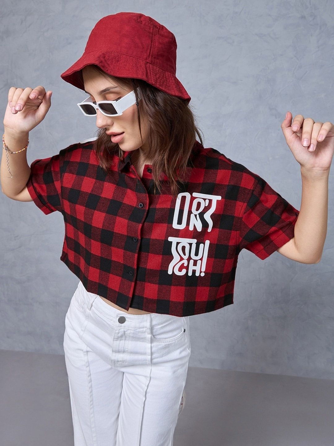 Bewakoof Mickey Mouse Buffalo Checked Crop Casual Oversized Shirt