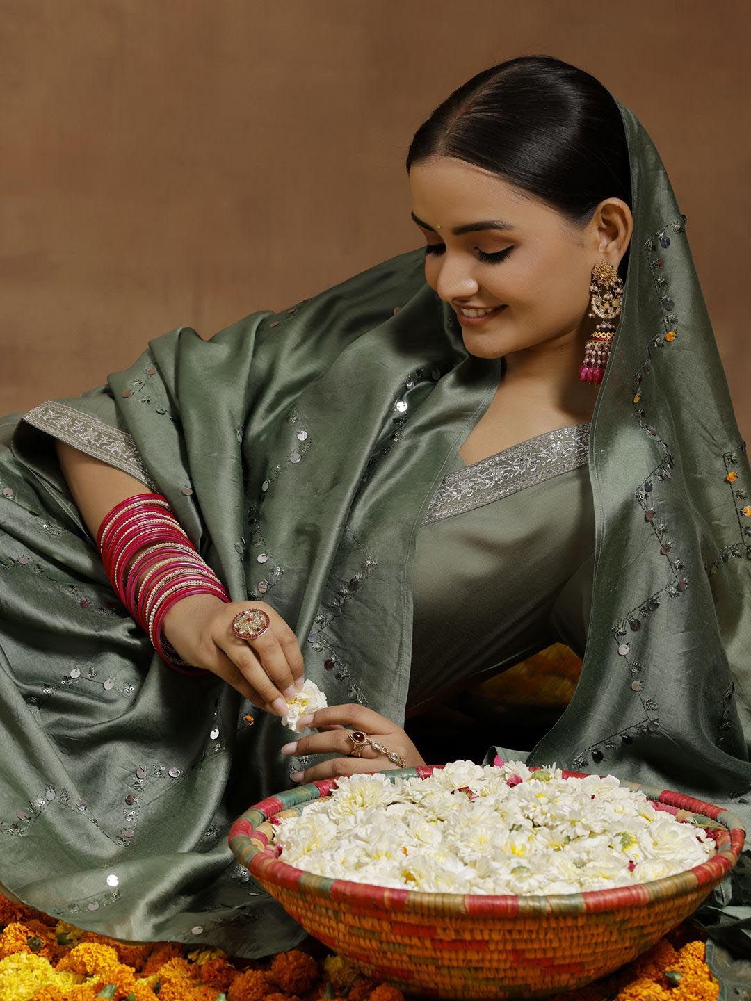 Gerua By Libas Women Floral Yoke Design Regular Sequinned Kurta with Trousers & With Dupatta