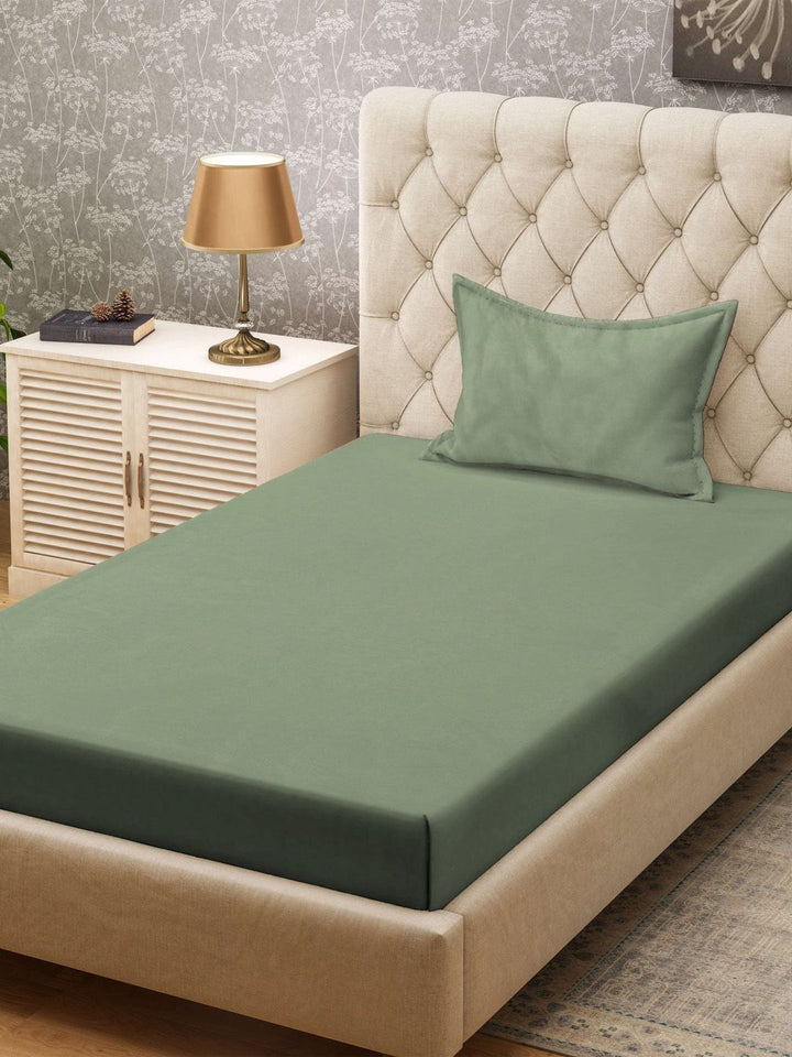 KLOTTHE Green Cotton 300 TC Single Fine Bedsheet with a Pillow Cover-89 x 59 inches
