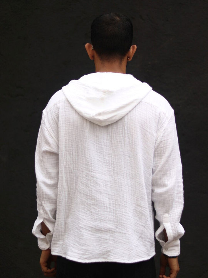 Powerlook Textured Hooded Tie-Ups Detail Indian Slim Oversize Pure Cotton Casual Shirt