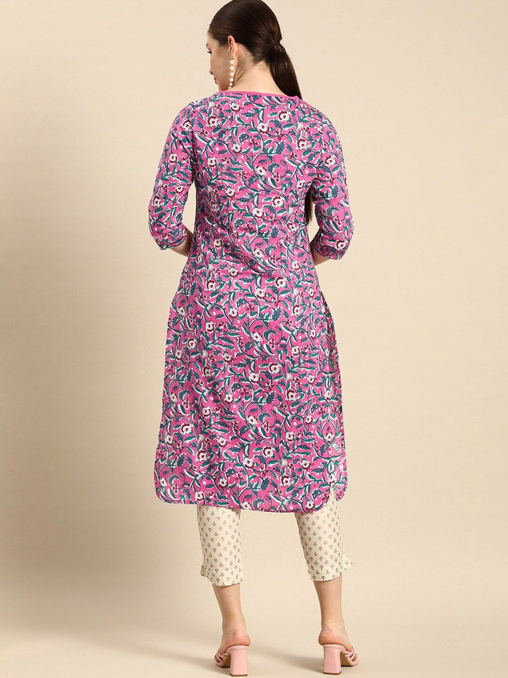 Anouk Women Pink Floral Printed Pure Cotton Straight Kurta