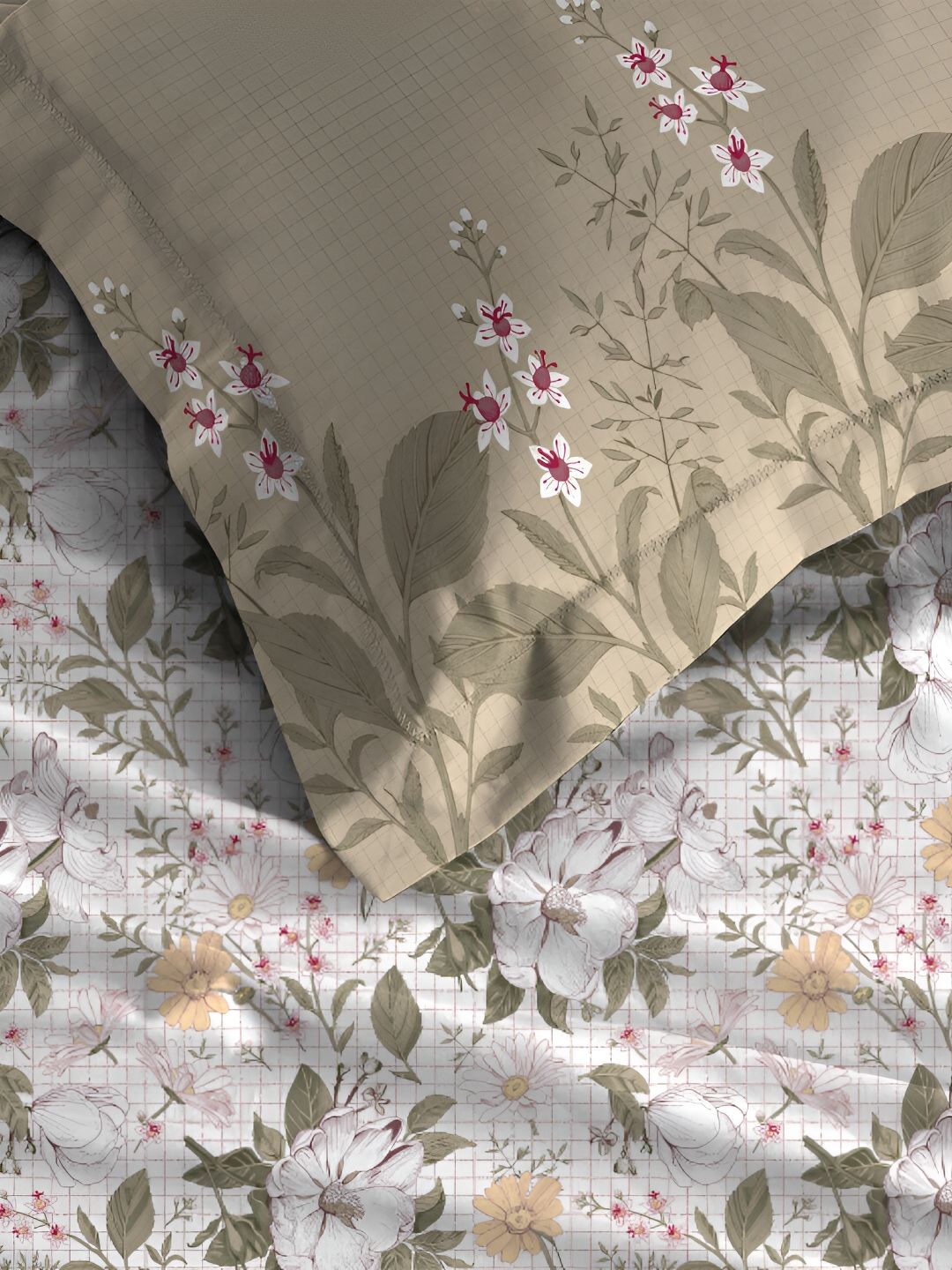 MYTRIDENT White & Green Floral 210 TC Pure Cotton Fitted King Bedsheet with 2 Pillow Covers