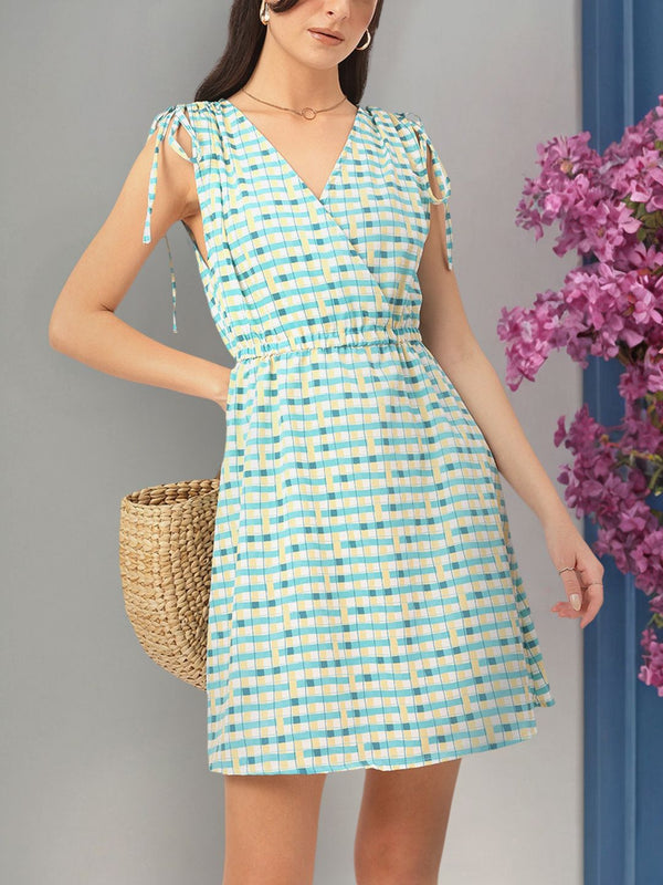 DressBerry Urban Chic Tie-Up Sleeves Checked Wrap Dress