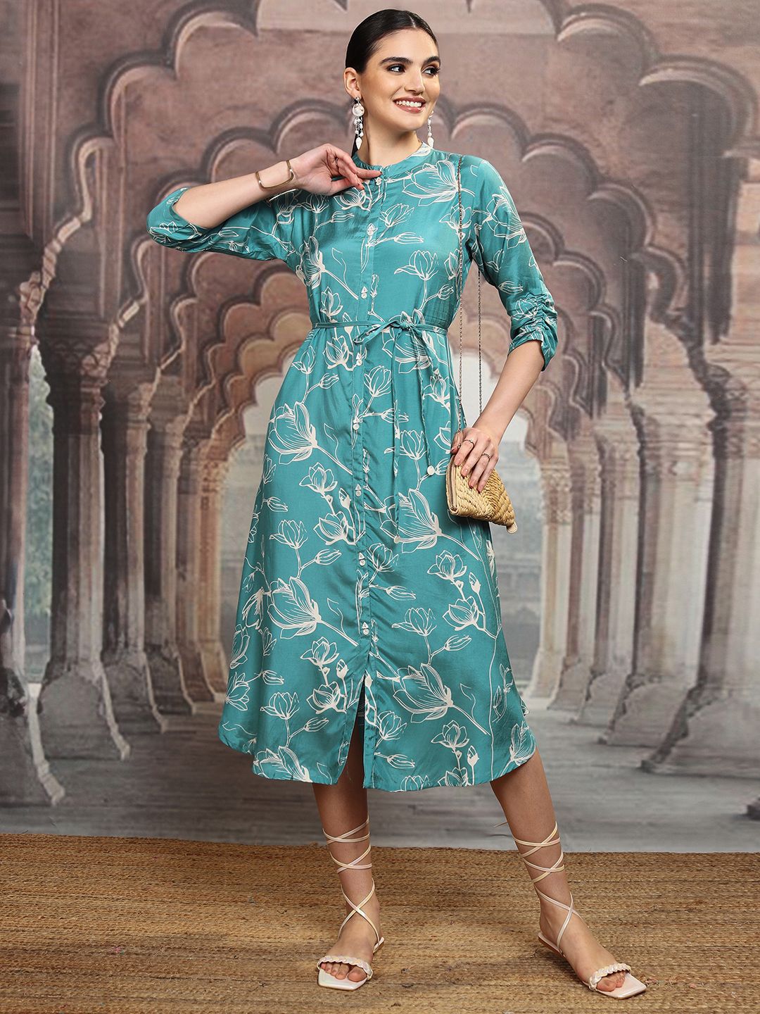 Vishudh Floral Printed Fit & Flare Midi Dress
