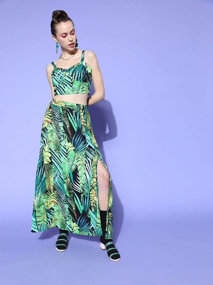 Berrylush Women Green & Yellow Tropical Print Cami Top & A-Line Skirt