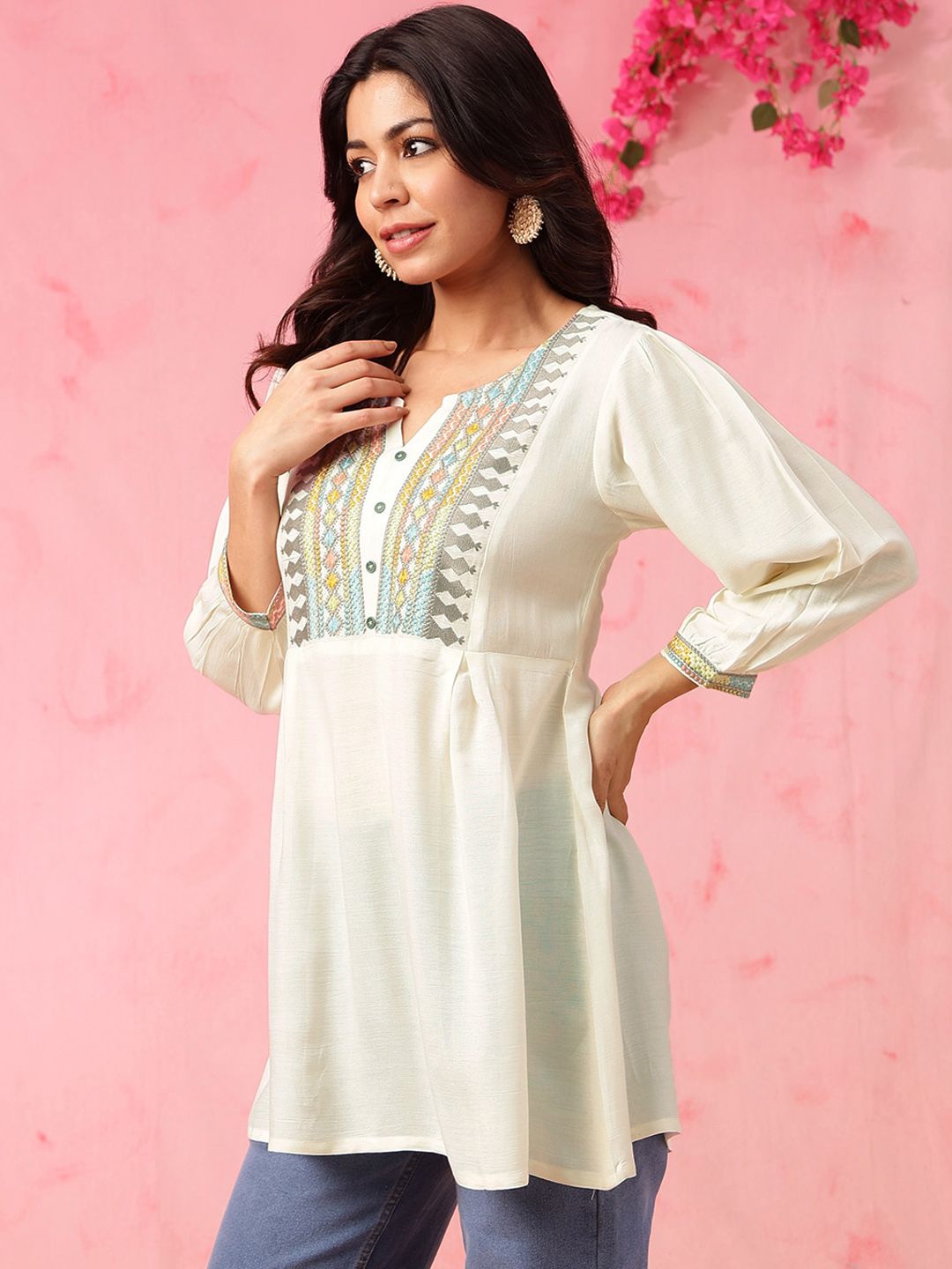 Anouk Off White Floral Embroidered Thread Work Pure Cotton A-Line Short Kurti