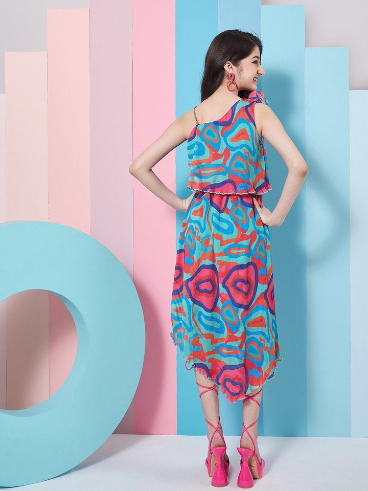 pspeaches Girls Abstract Printed One Shoulder Georgette Fit & Flare Midi Dress