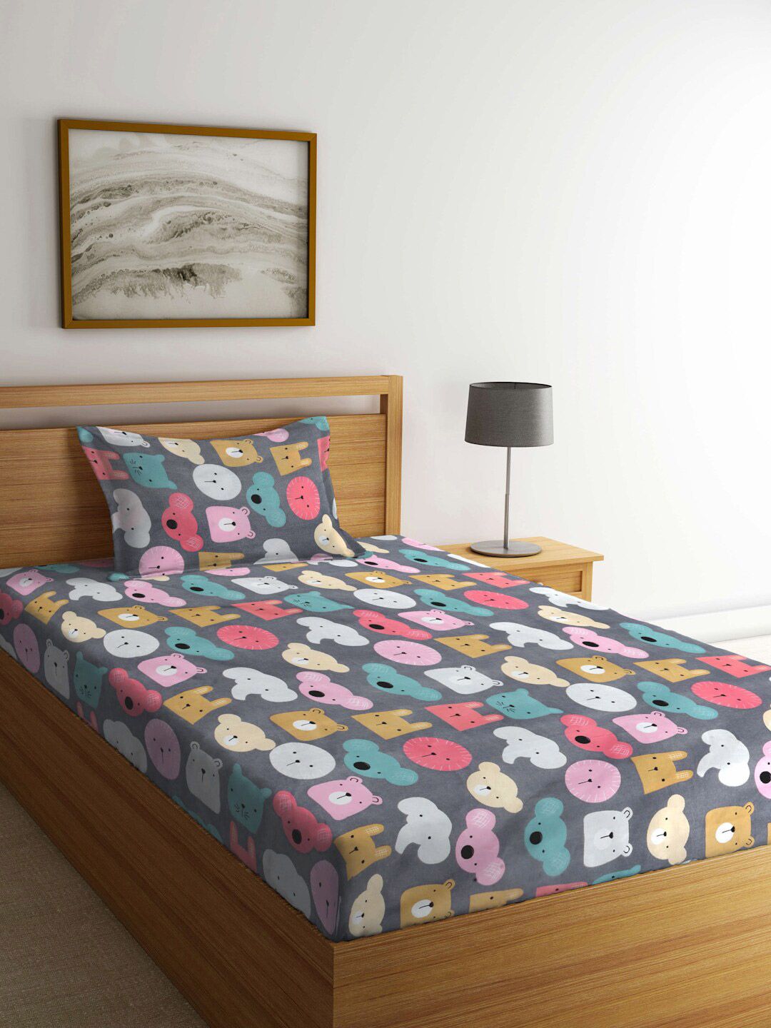 KLOTTHE Grey & Pink-Printed 300TC Fitted Single Bedsheet With 1 Pillow Cover
