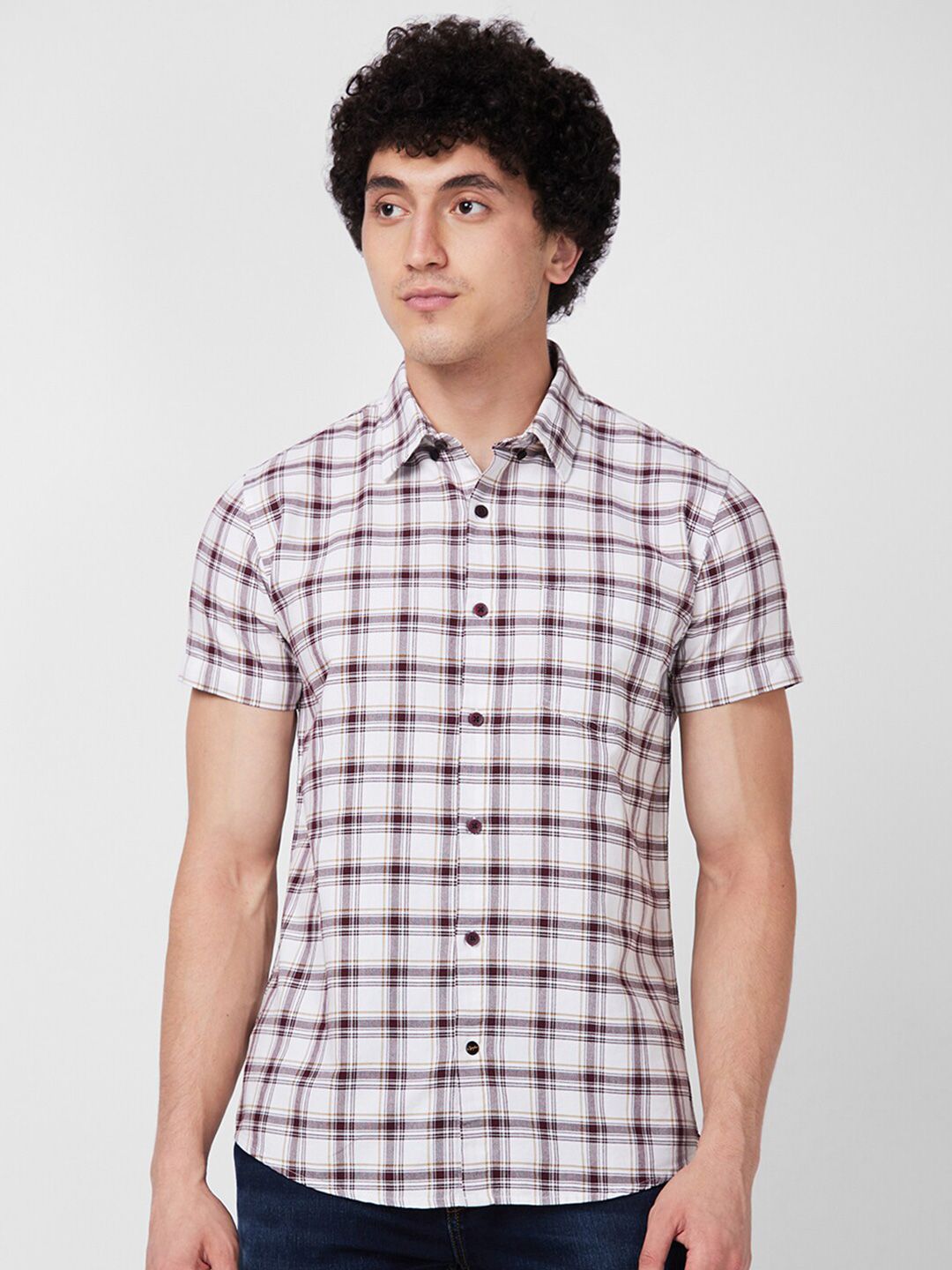 SPYKAR Short Sleeves Regular Fit Cotton Tartan Checks Opaque Checked Casual Shirt