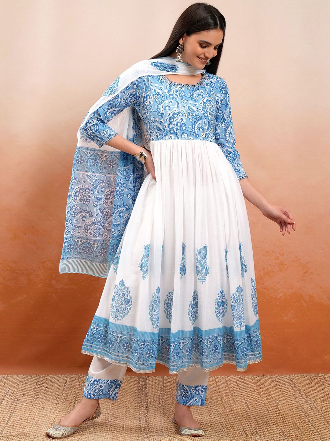 Vishudh White Printed Thread Work Pure Cotton Anarkali Kurta With Trousers & Dupatta