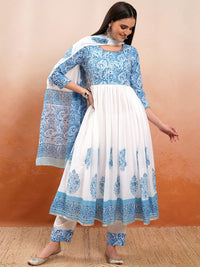 Vishudh White Printed Thread Work Pure Cotton Anarkali Kurta With Trousers & Dupatta